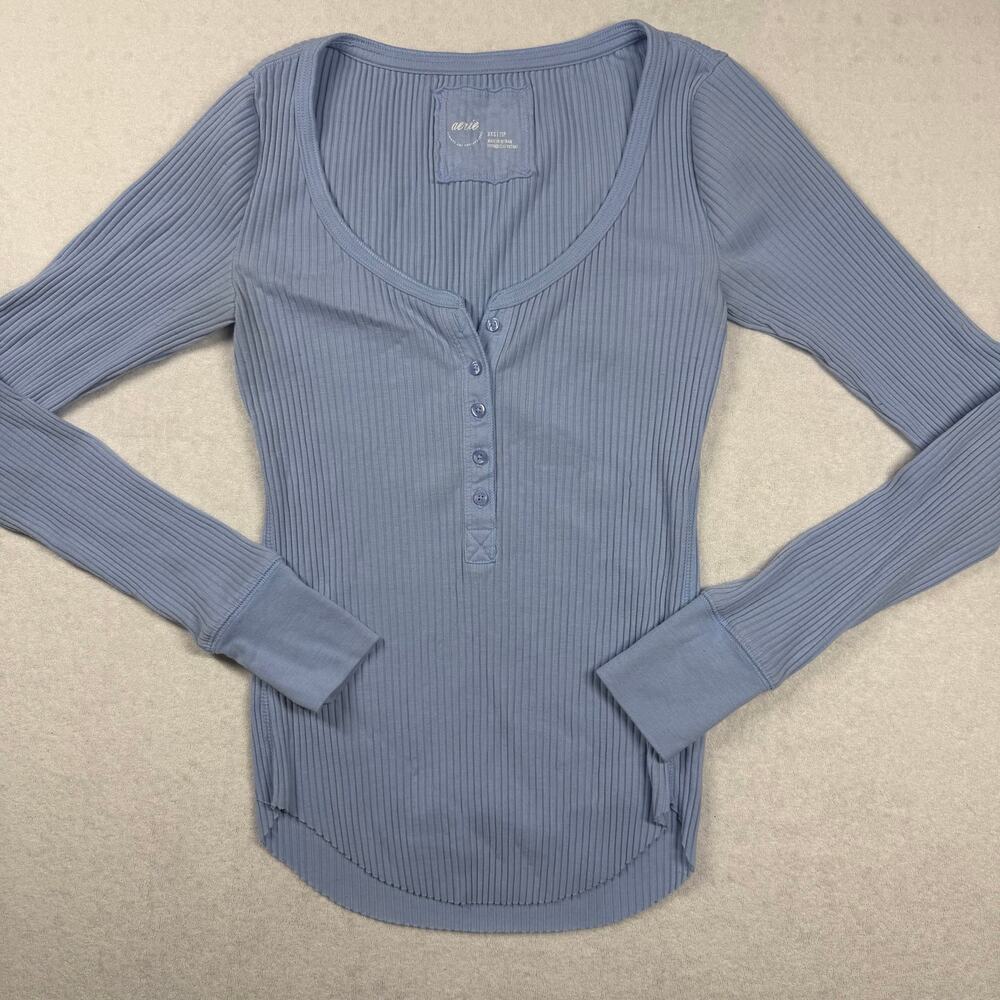 Aerie Essential Henley Layering T-Shirt XXS Blue Ribbed Long Sleeve Fitted Top